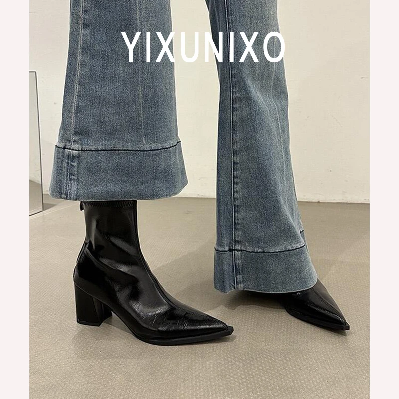羊皮版~法式高级感尖头粗跟瘦瘦靴女2025秋冬新款后拉链高跟短靴