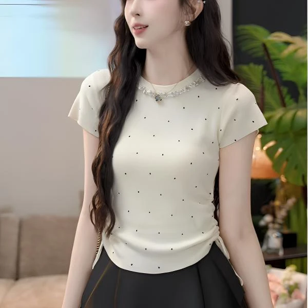 【花漾甜心】小香风镶钻重工夏季波点洋气气质修身显瘦短袖t恤6767