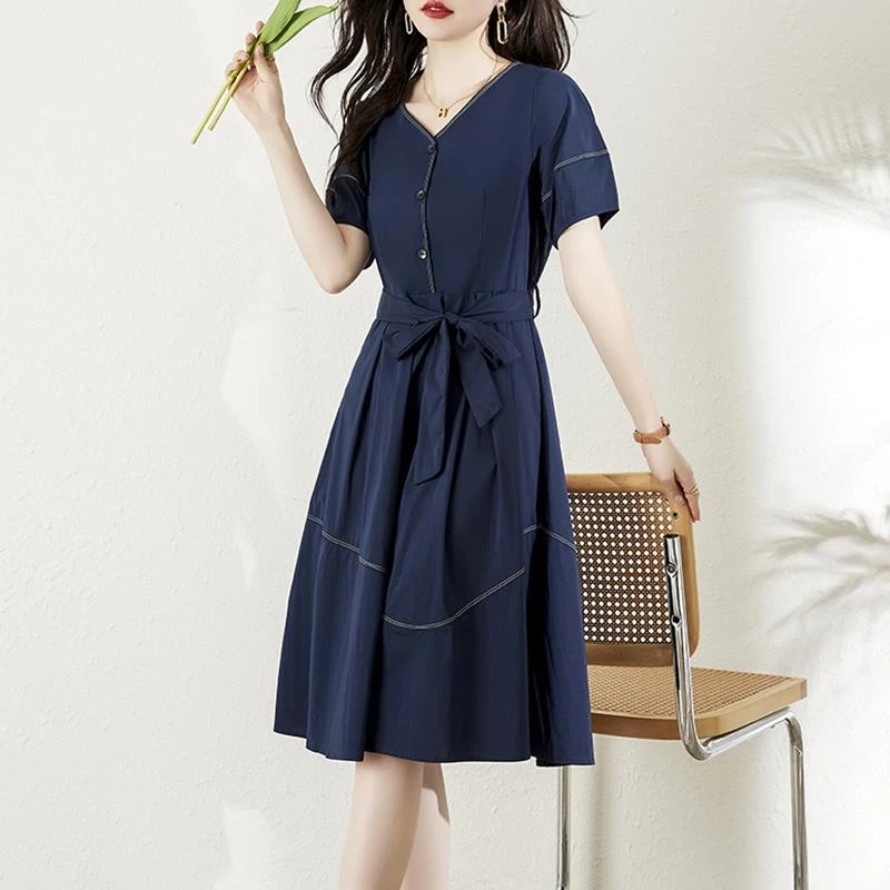 法芬图连衣裙子女士装夏季2025年春秋新款收腰大码小个子气质短袖