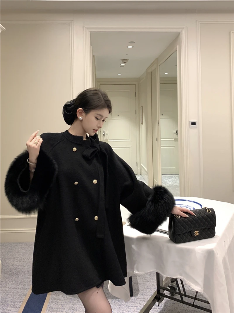 千金感呢子大衣黑色小香风气质温柔高级感毛毛手袖秋冬毛呢外套