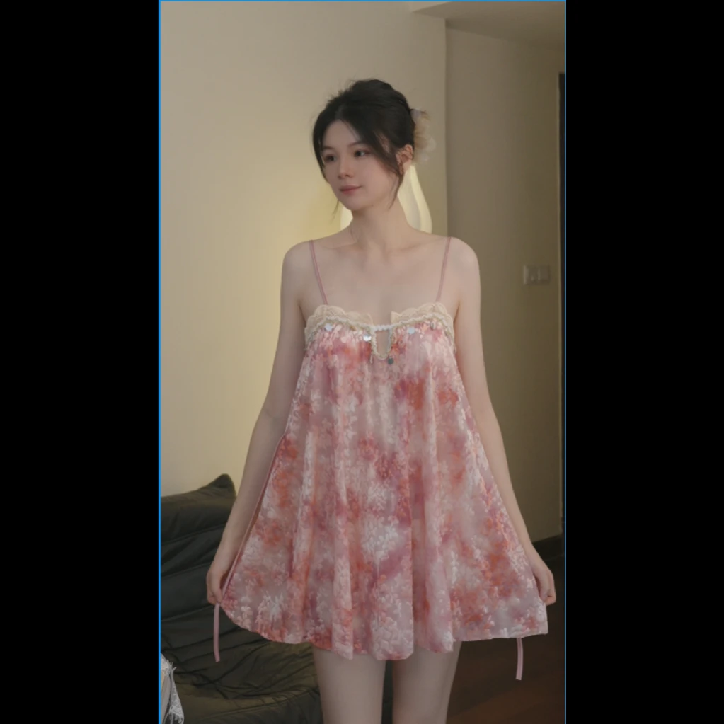 【落日霞光】夏季吊带甜美时尚蕾丝轻奢气质女士睡裙