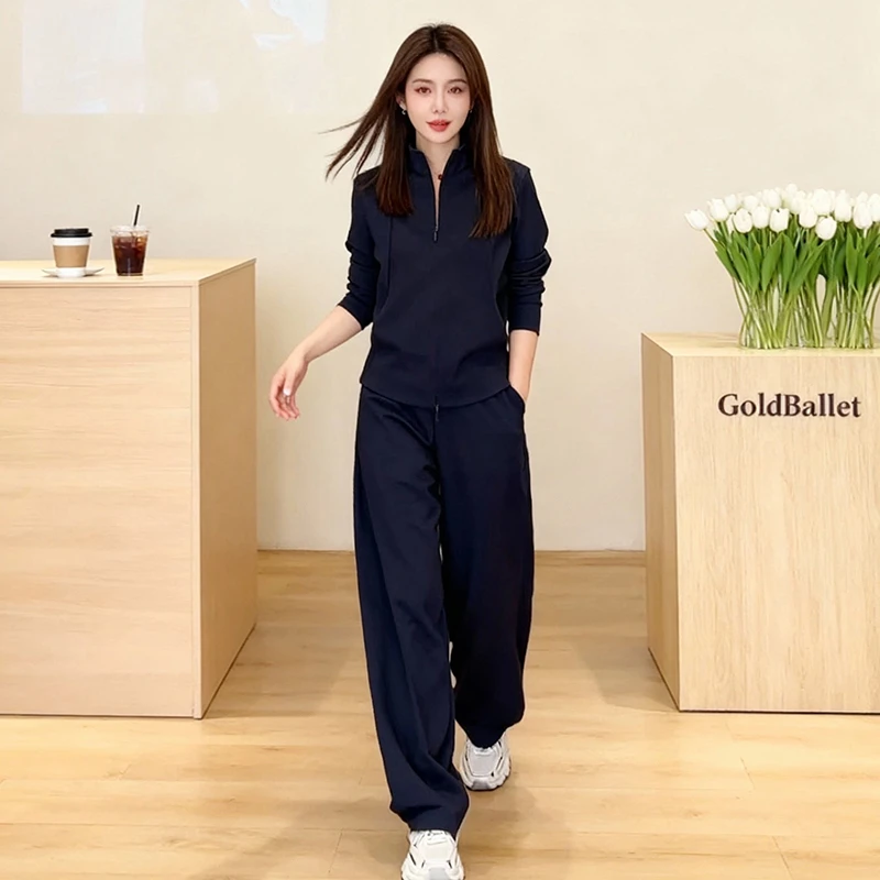 2025春秋季新款女士时尚休闲套装高级感立领卫衣高腰阔腿裤两件套