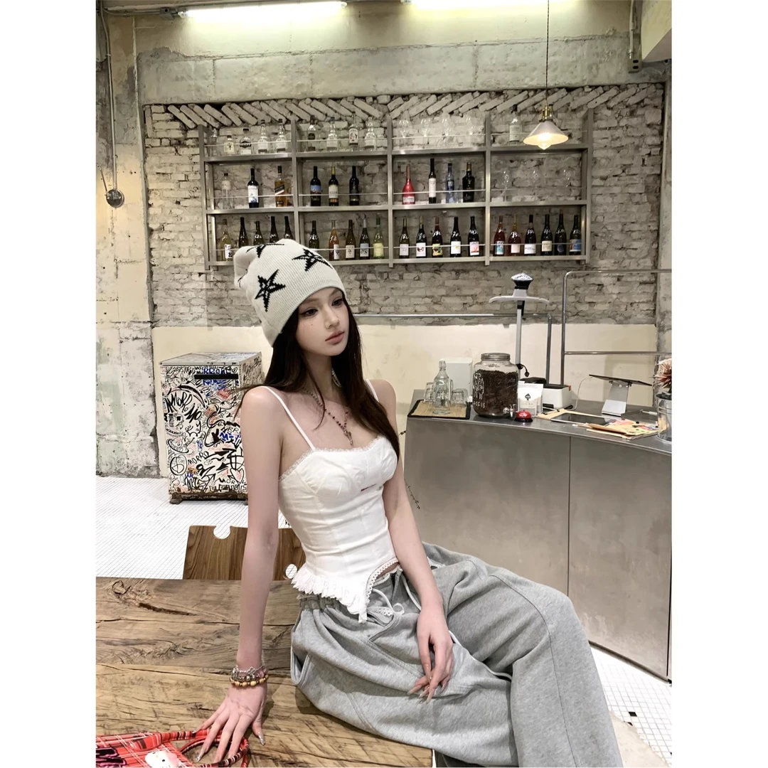 网红洋气炸街女装辣妹绣花背心蕾丝拼接吊带直筒宽松垂感阔腿裤