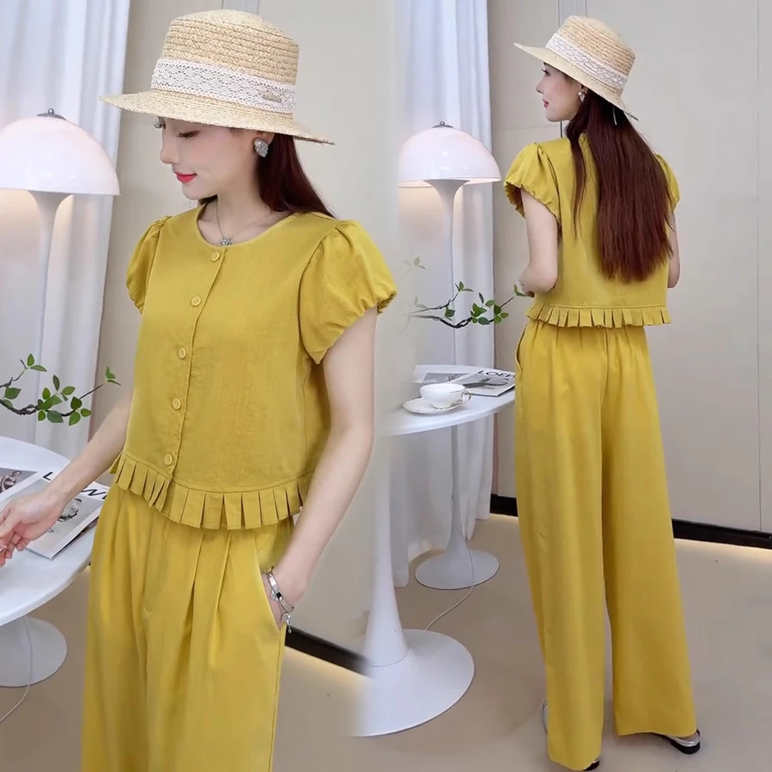 【300斤胖妹妹】欧货显瘦时尚套装女夏季洋气小衫+高腰阔腿裤两件套