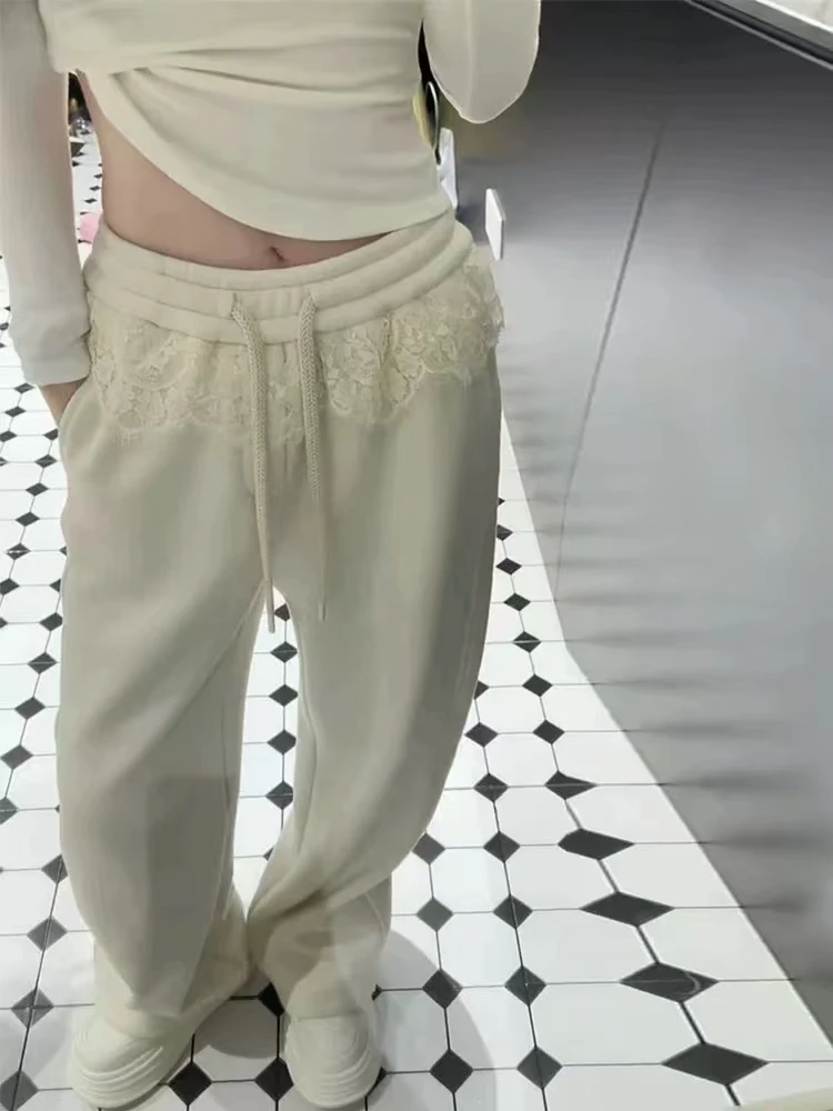 秋季新款蕾丝花边休闲裤女宽松直筒阔腿裤慵懒感高腰百搭显瘦卫裤