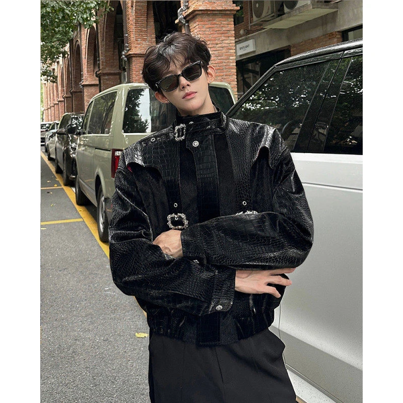 走秀款小众拼接毛毛短款机车立领皮衣男秋季暗黑系发型师夹克外套