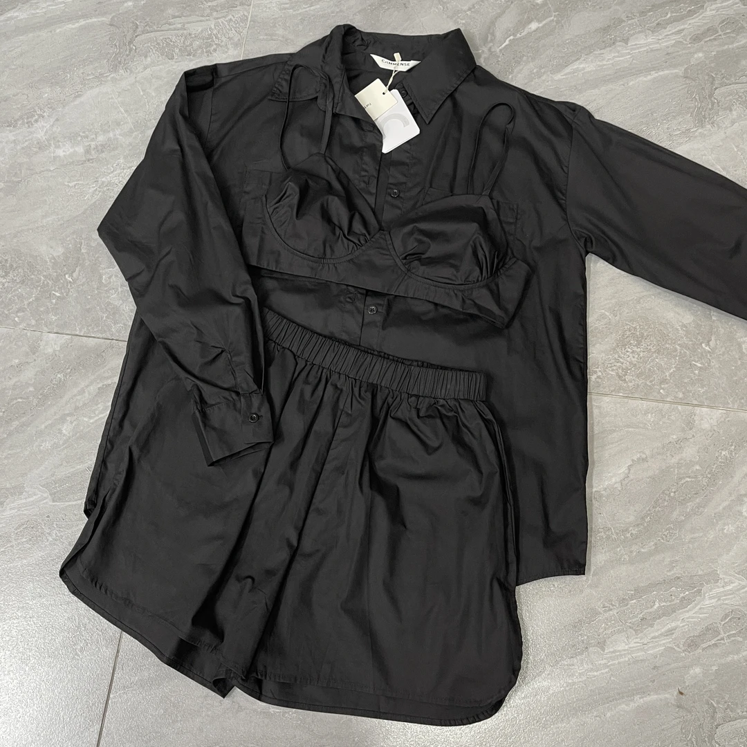 时尚慵懒风方领衬衫三件套776