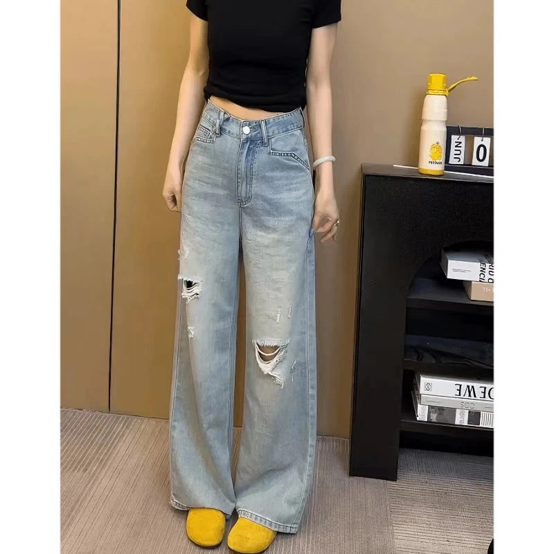 2025夏季新款洋气百搭破洞牛仔裤女韩版宽松显瘦梨形大码阔腿长裤