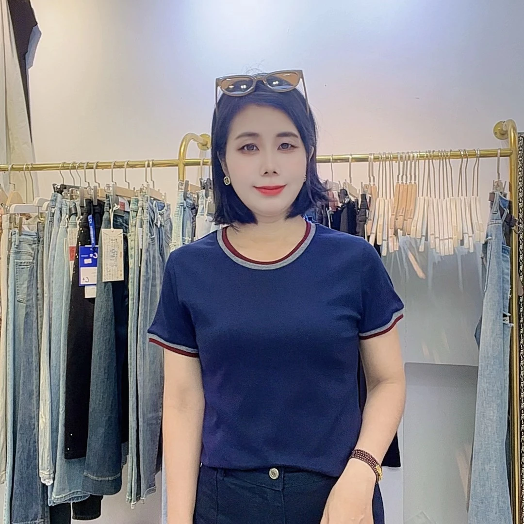 妮可圆领撞色简约通勤韩版显瘦短袖T恤拼接小众炸街高级感女装