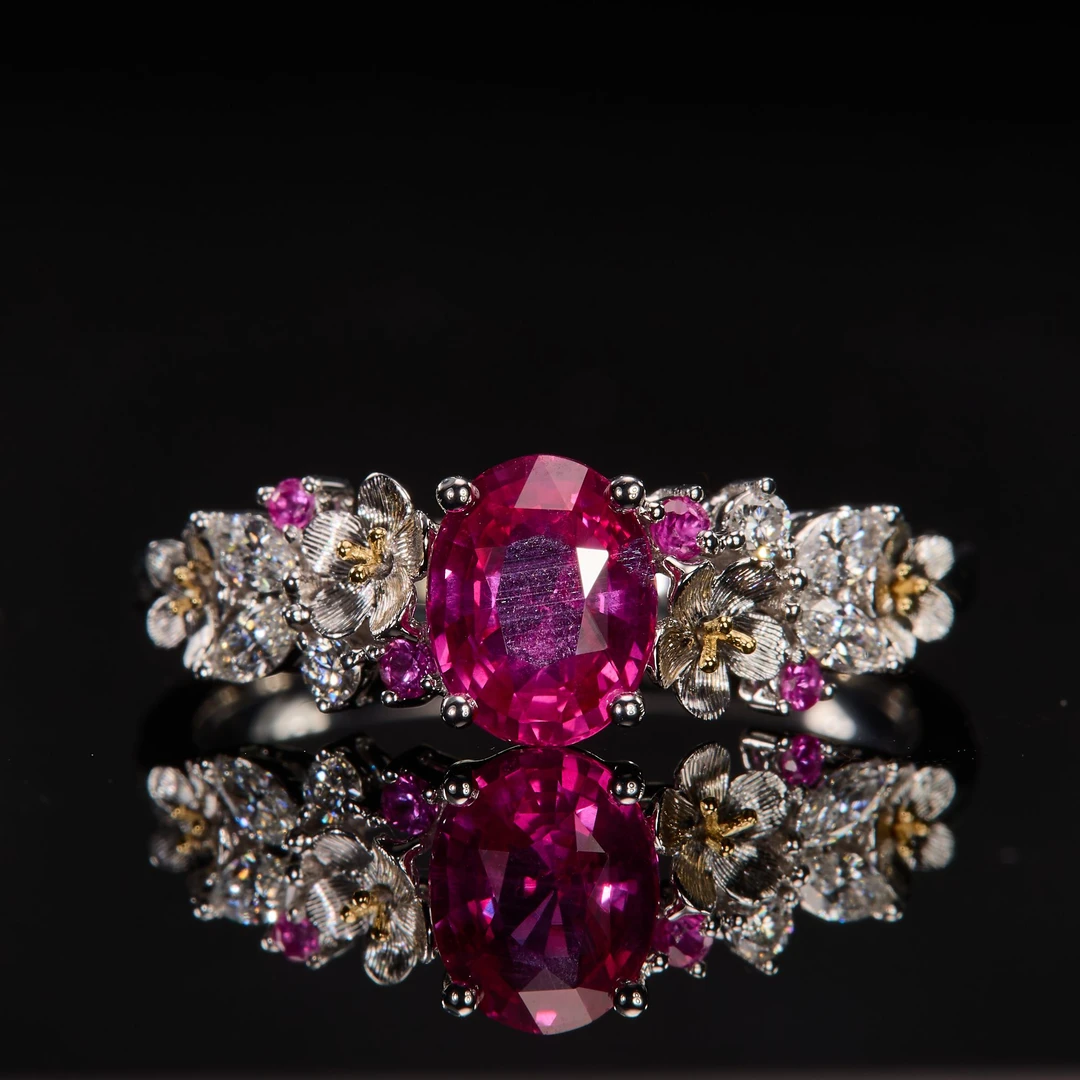 如苑珠宝18K金粉蓝宝戒指/1.02ct/GUILD/超级热粉/无烧