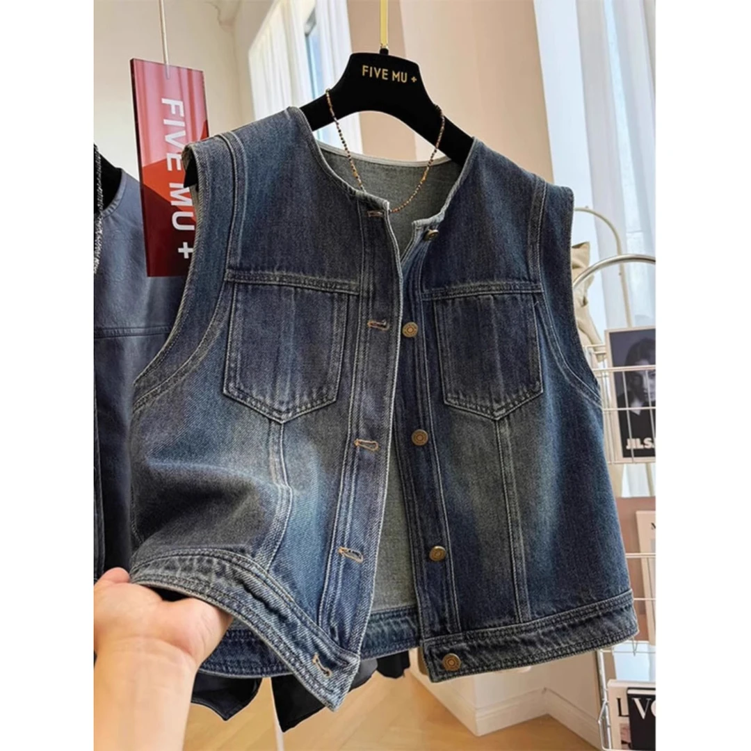 2025早秋新款复古水洗蓝牛仔马甲女春秋款韩系短款坎肩无袖马夹