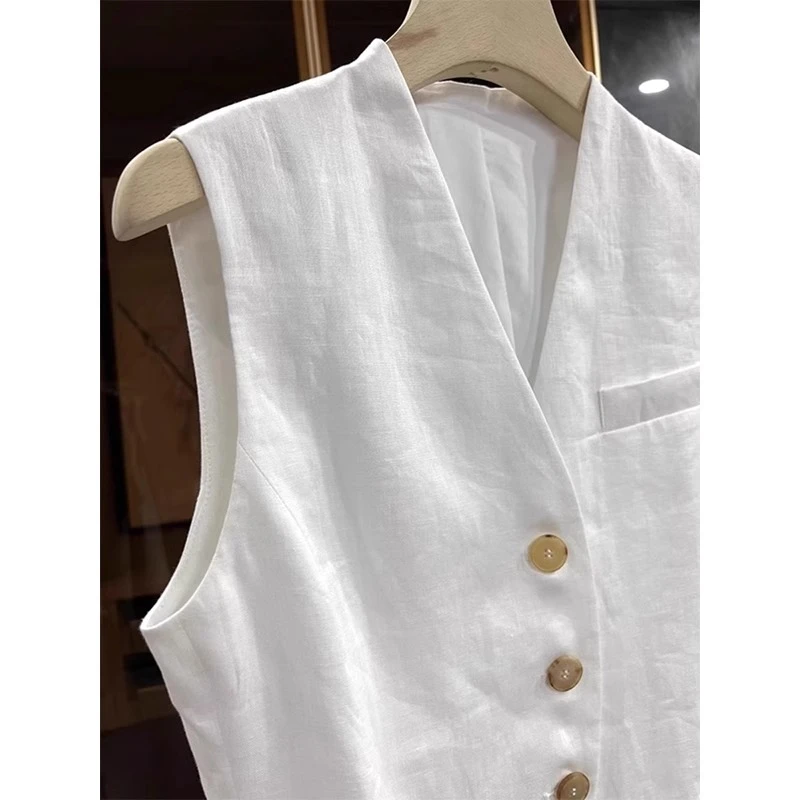 亚麻无袖西装马甲外套女春夏高端复古叠穿v领棉麻坎肩背心上衣夏