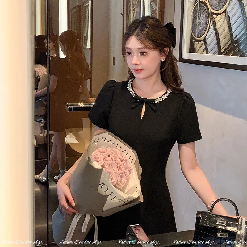 重工钻领黑色系千金风连衣裙裙子女高级感订婚生日礼裙小个子短裙