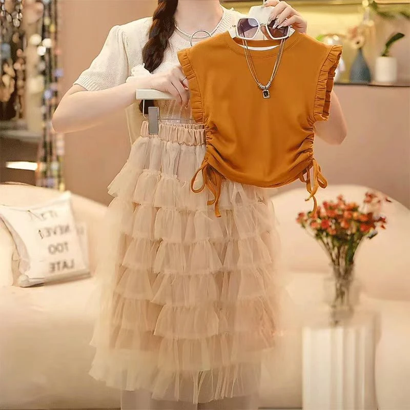 女童2025夏季【橘色温柔】韩系抽绳T恤蓬蓬裙两件套D