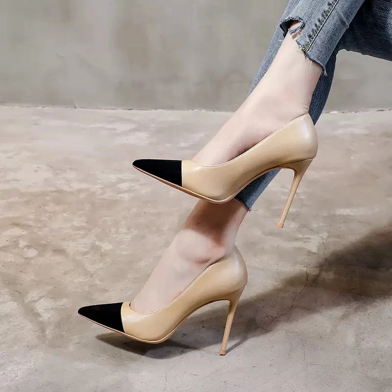 尖头细跟高跟鞋真皮软皮浅口包跟高跟鞋单鞋韩版时尚性感高跟鞋