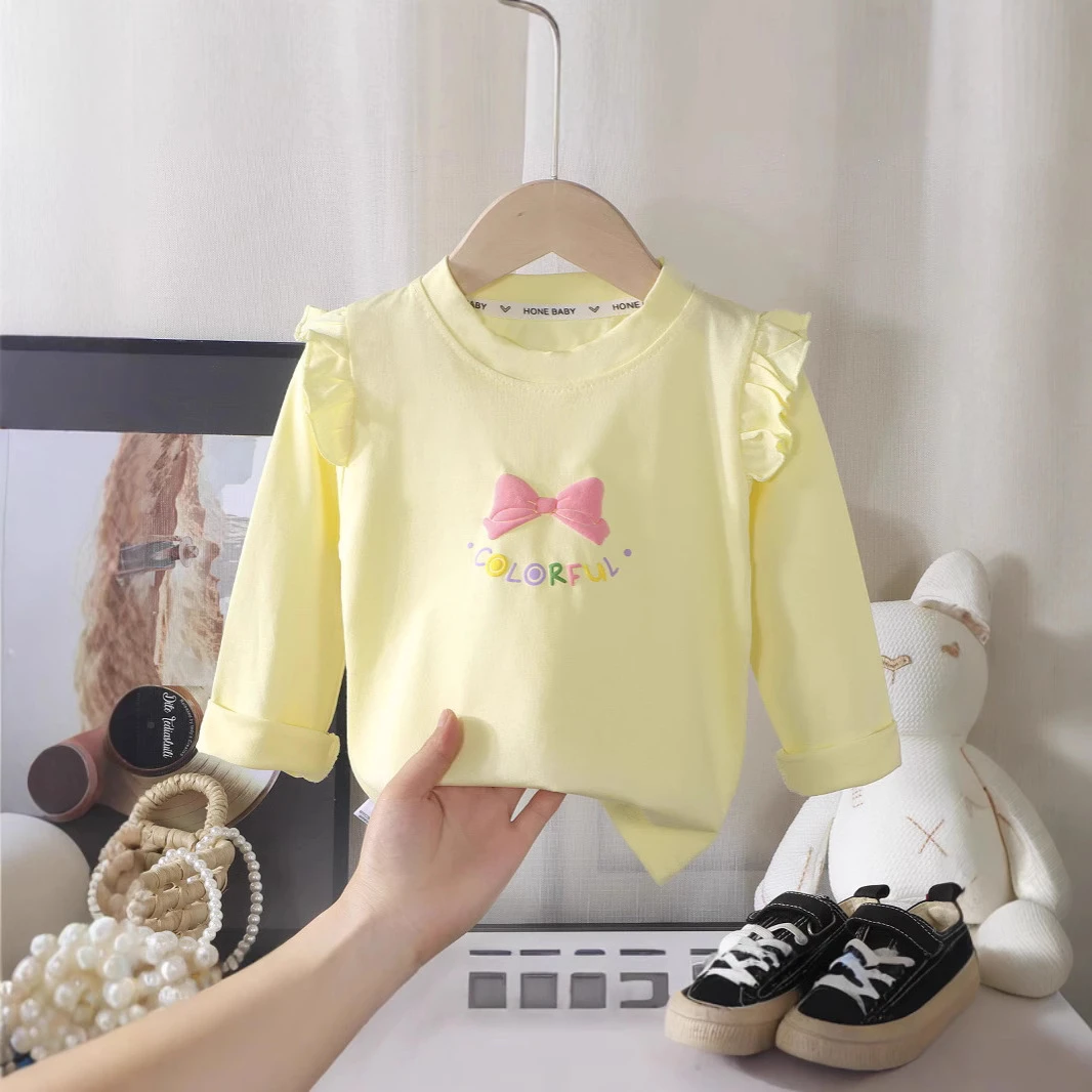 新款女童木耳边长袖T恤婴儿纯棉上衣春秋款儿童女宝宝洋气打底衫,