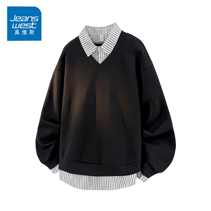 真维斯衬衫领卫衣男春秋季美式撞色假两件上衣男宽松秋装叠穿外套
