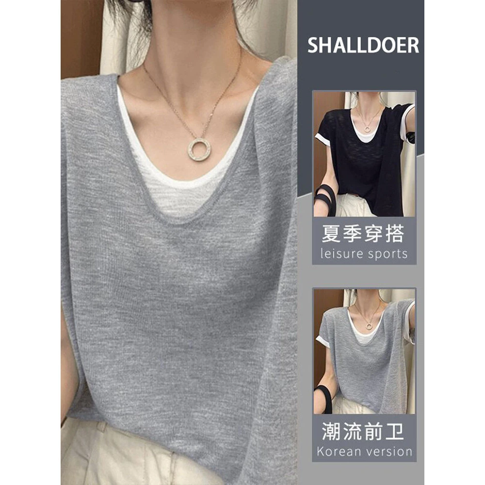 2025年夏季新款韩系显瘦ins风上衣短袖拼色设计轻薄透气休闲风T恤