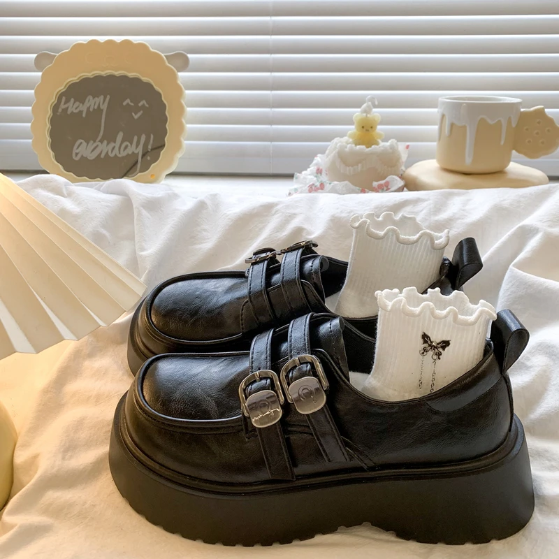日系圆头松糕厚底乐福鞋女2025新款秋冬百搭黑色复古英伦风小皮鞋