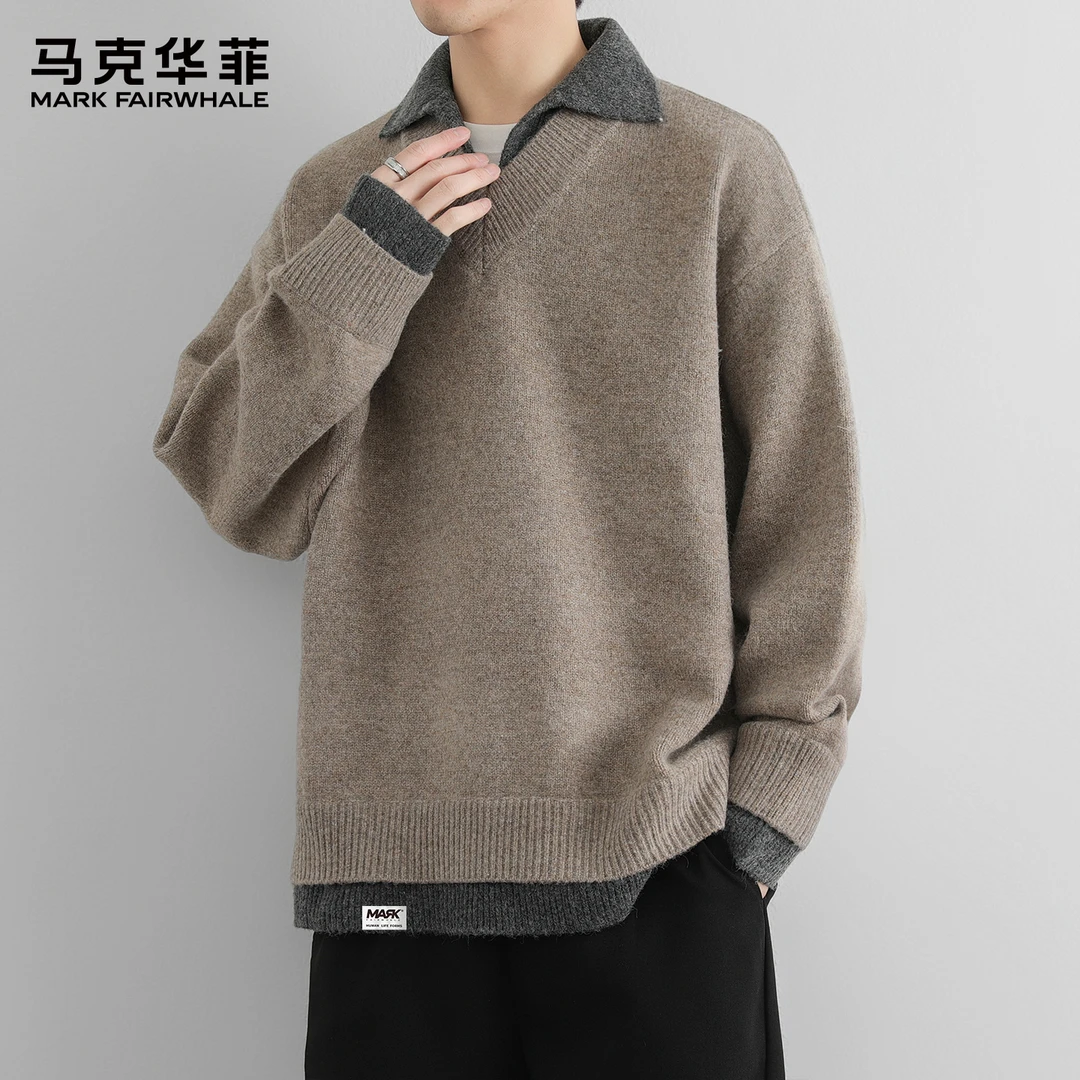 马克华菲羊毛假两件秋冬新款重磅衬衫领长袖针织衫男士灰色毛衣