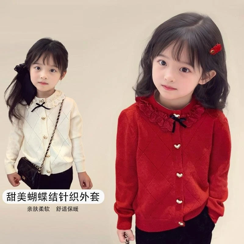 女童新年红色针织外套上衣2025秋冬季新款时髦蕾丝花边蝴蝶结毛衣
