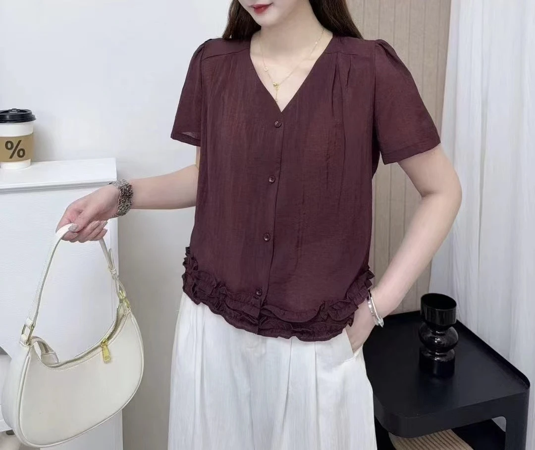 薄款雪纺安哥拉红V领木耳边上衣2025宽松遮肚子正肩短袖气质小衫