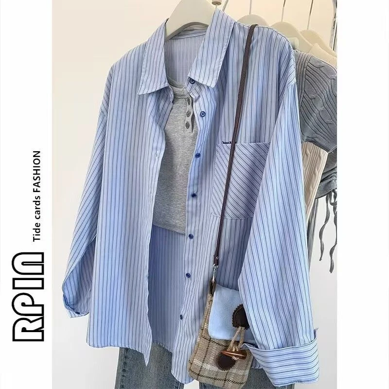 常规条纹刺绣秋季长袖衬衫领衬衫春季百搭设计感上衣时尚蓝色