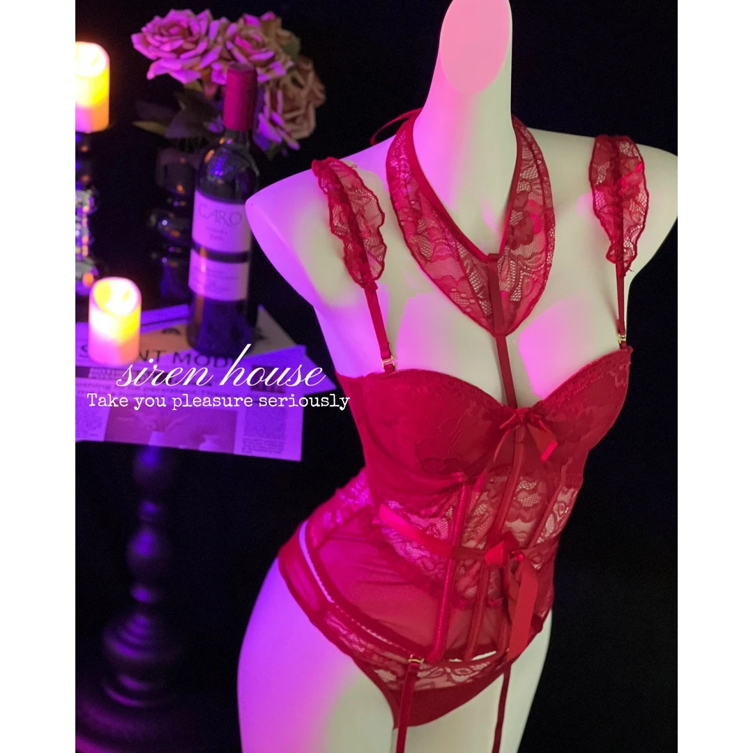 【月光玫瑰】【月光玫瑰】春夏性感睡衣软钢圈聚拢鱼骨吊带蕾丝套装