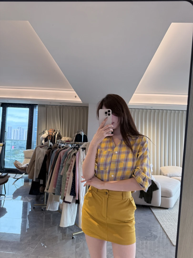 【春意来袭】LEYUAN.黄色格子衬衫半裙套装宽松外穿衬衣早春上衣女