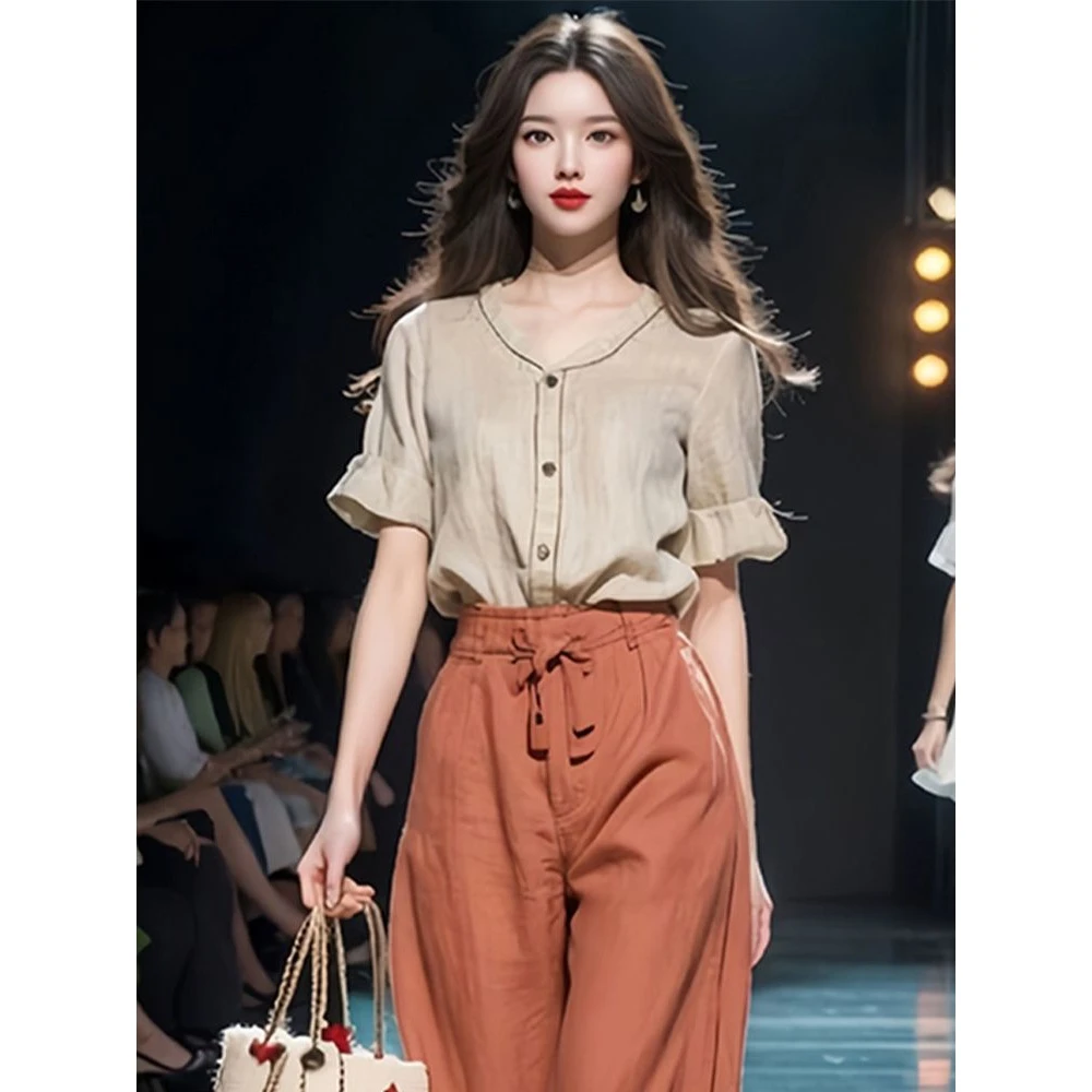 夏装搭配一整套装裤女2024新款韩系炸街时尚减龄衬衫休闲裤两件套