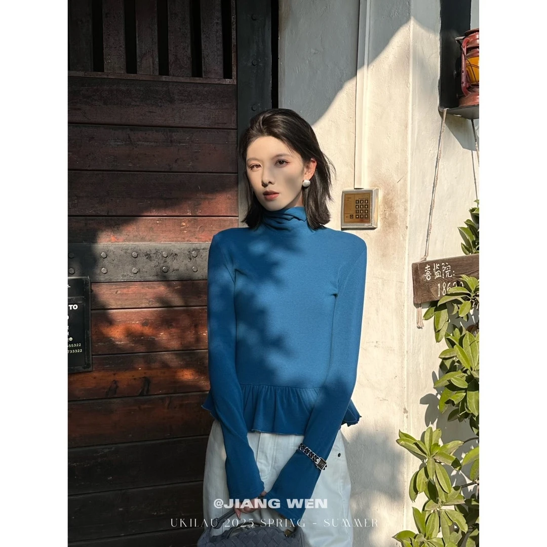 UKILAU【云柔调】甜美高领裙摆花边纯色磨毛打底衫