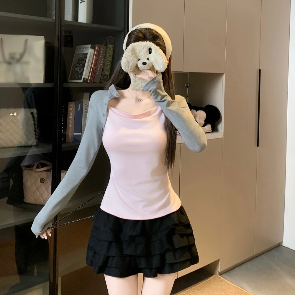 2025冬季新款韩系收腰显瘦荡领假两件撞色长袖内搭打底T恤上衣女