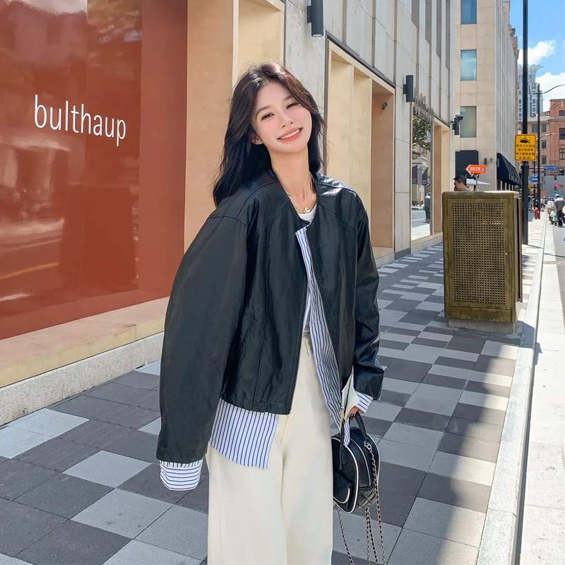 复古假两件条纹拼接皮衣外套2025春秋新款气质显瘦甜酷高级感夹克