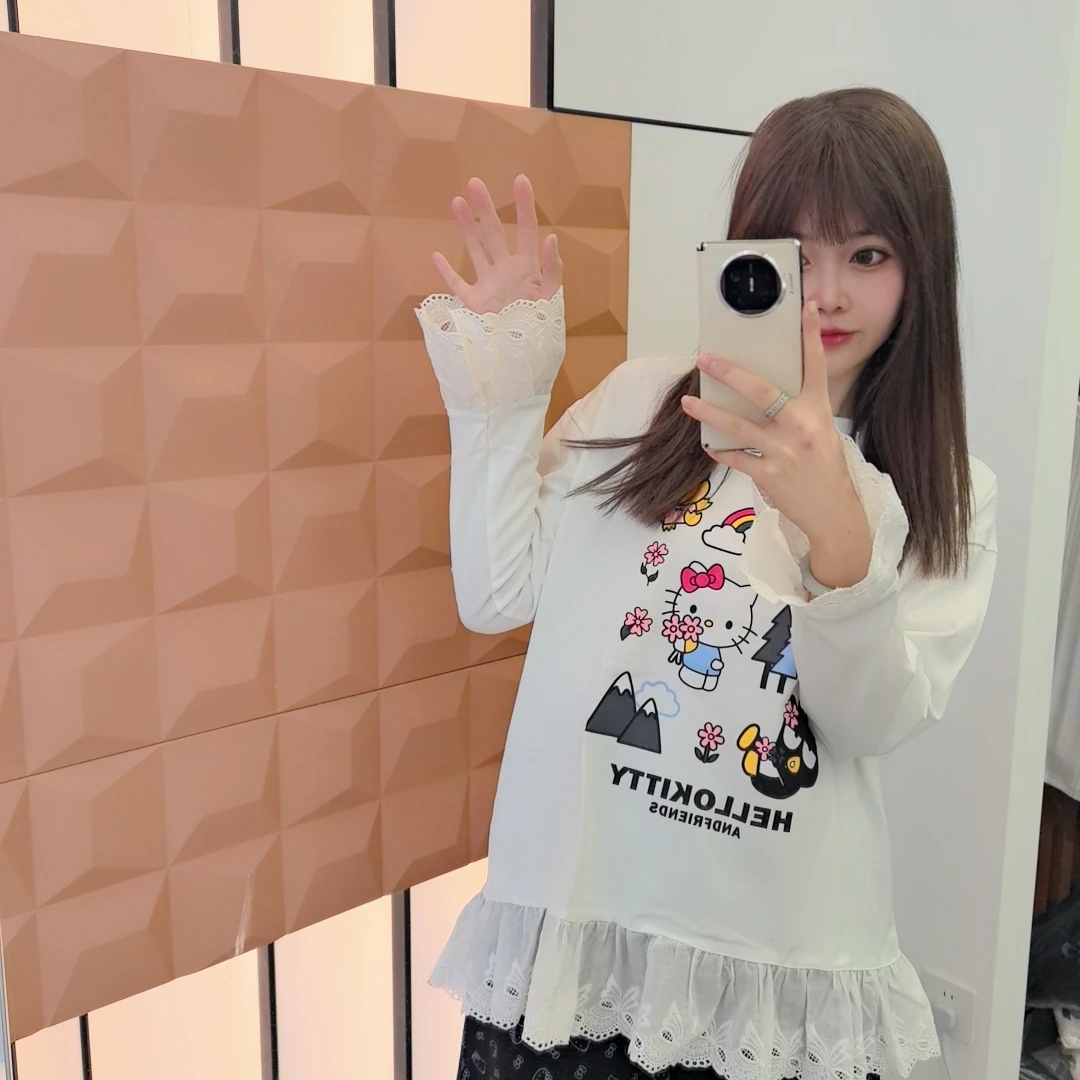 25春 韩代趣味卡通猫咪印花拼接蕾丝宽松可爱花边T恤