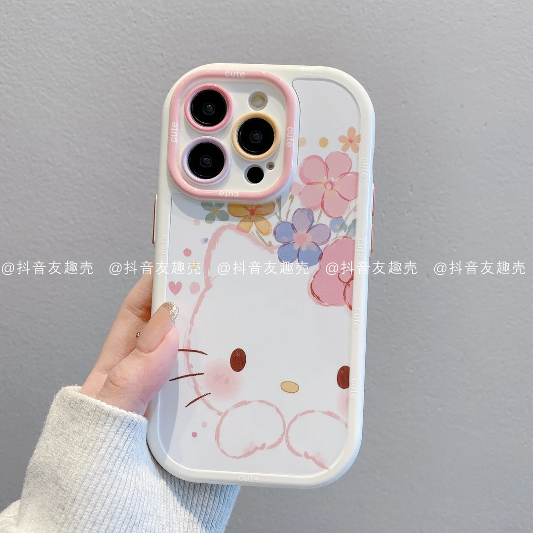 适用于苹果16新款手机壳华为vivo小米oppo奶油壳花朵凯蒂可爱
