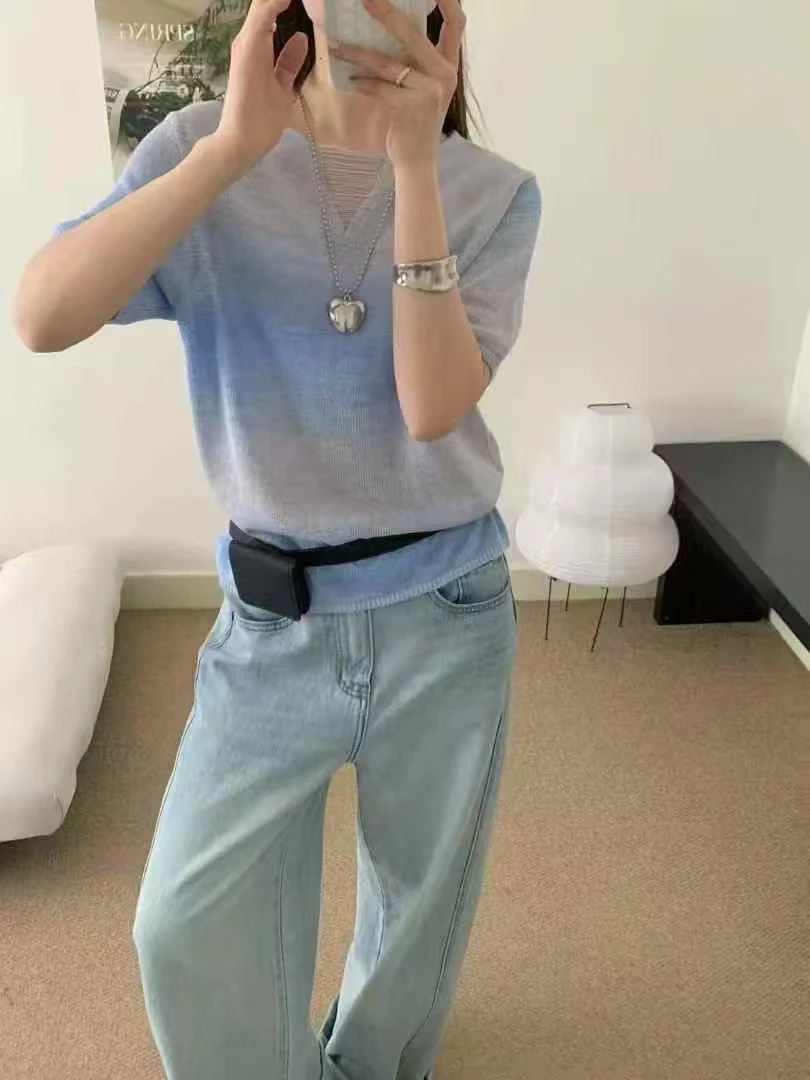 短袖夏季设计感时尚常规不褪色百搭韩版V领毛针织衫2441