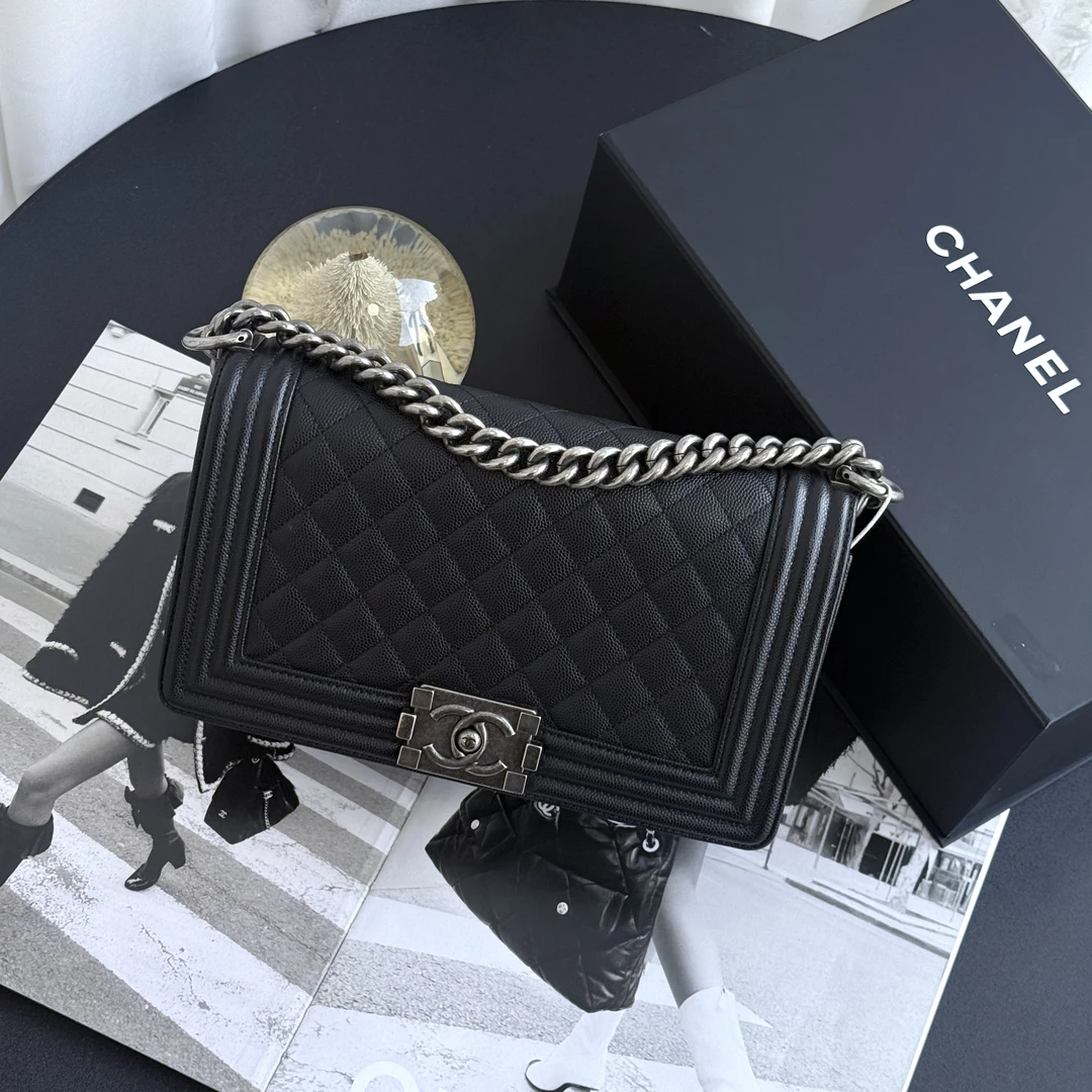 95新 Chanel/香奈儿 香奈儿leboy黑银荔枝皮中号单肩包 27开