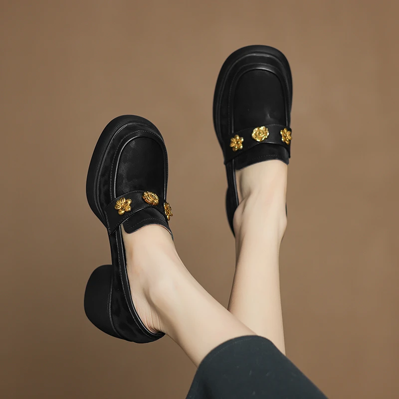 牛皮/小个子增高8cm英伦风厚底小皮鞋女乐福鞋粗跟豹纹高跟单鞋女