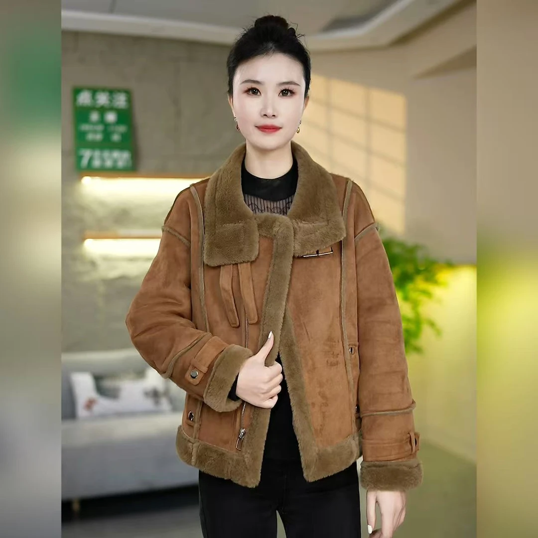 冬季新简约优雅时尚皮毛一体短款外套加厚保暖气质高级感美拉德风