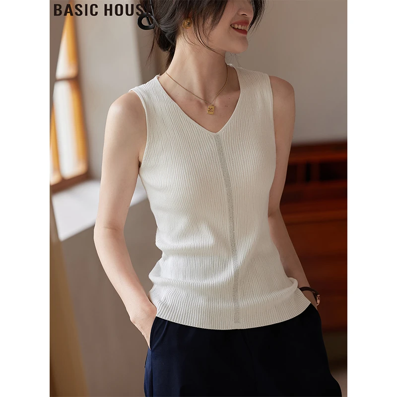 Basic House/百家好杏色V领宽肩带遮副乳针织吊带背心女外穿夏季