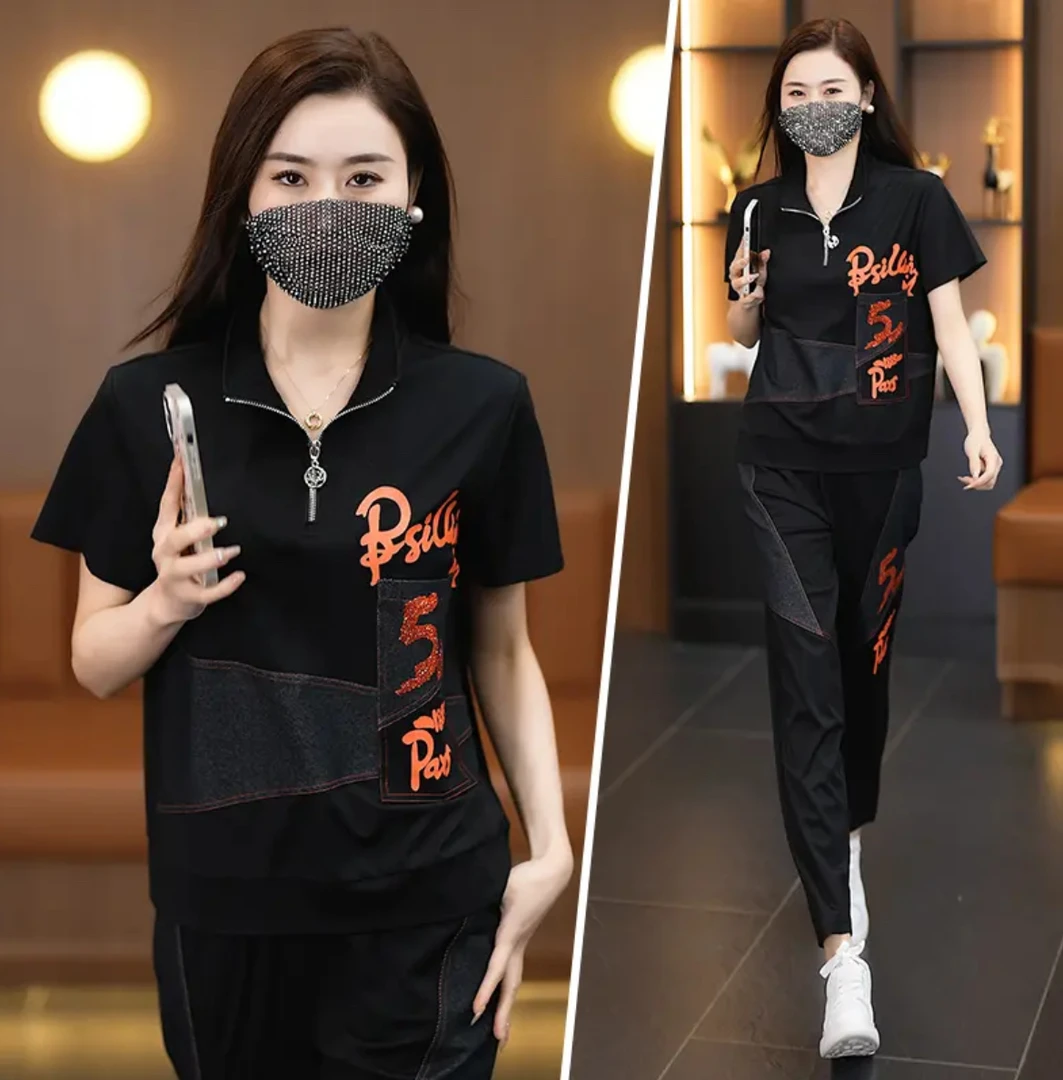 拼接设计立领印花宽松运动套装女夏季两件套时尚直筒卫衣休闲8033