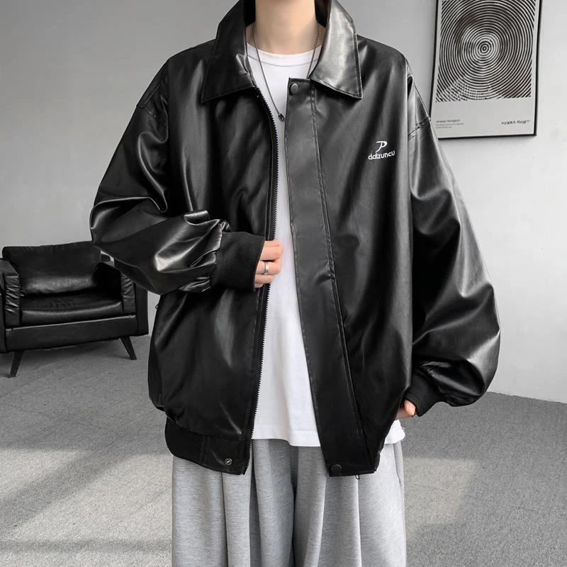 【TQUX港奢男装】皮衣男秋季2025新款pu皮夹克翻领宽松覆古机车服