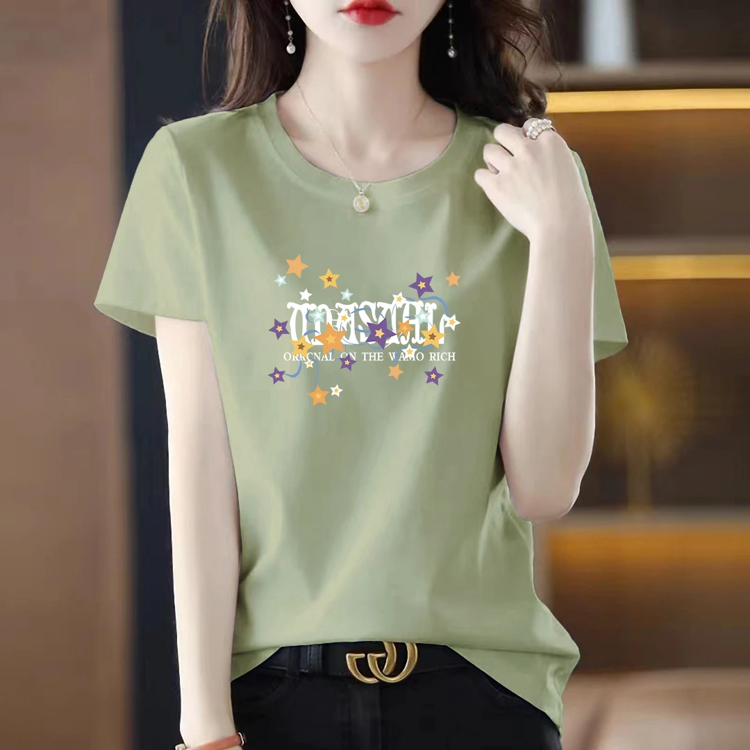 时尚韩版纯棉浅绿色短袖t恤女2025夏季新款宽松显瘦气质体恤上衣