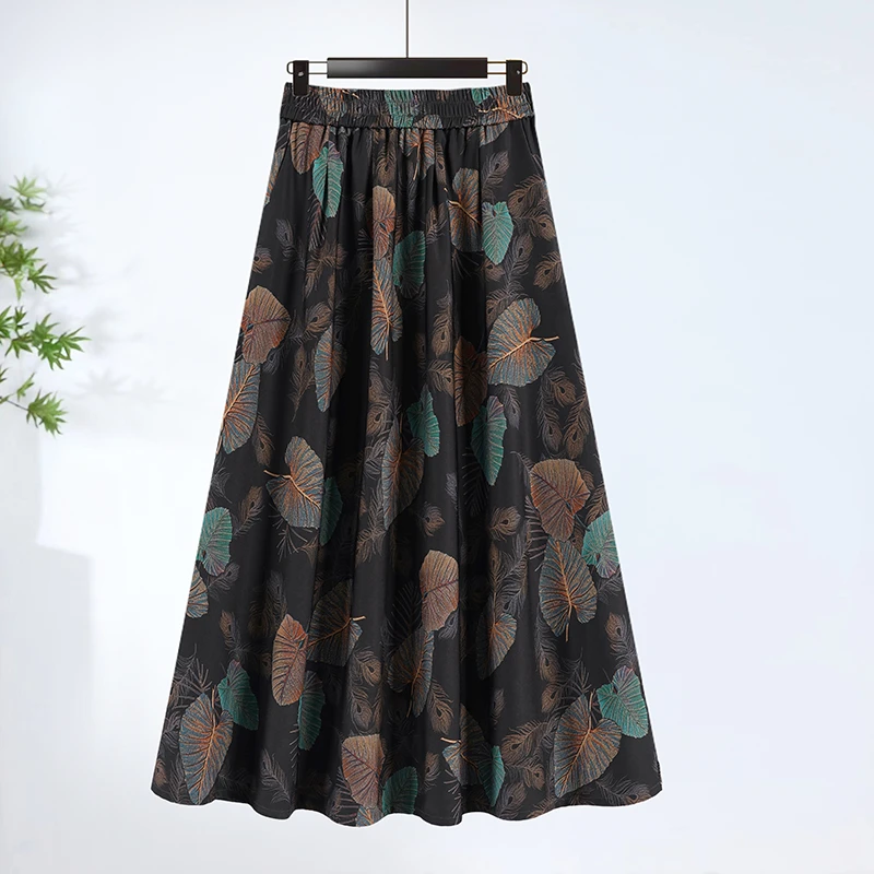 春款穿搭新中式中腰半身裙女黑色印花百搭中年大码舞裙摆裙伞裙