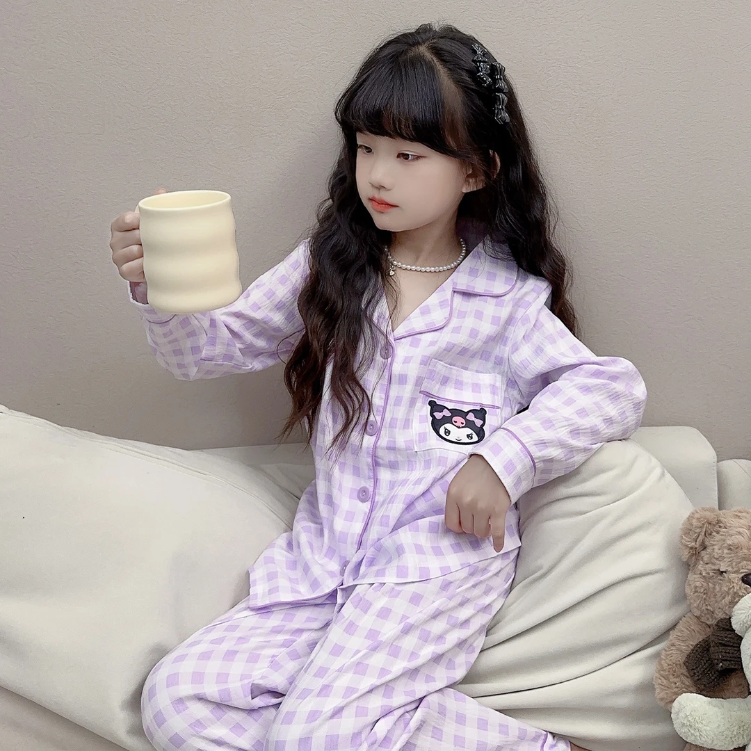 云朵棉儿童睡衣女童春秋季开衫长袖中大童小女孩库洛米家居服套装