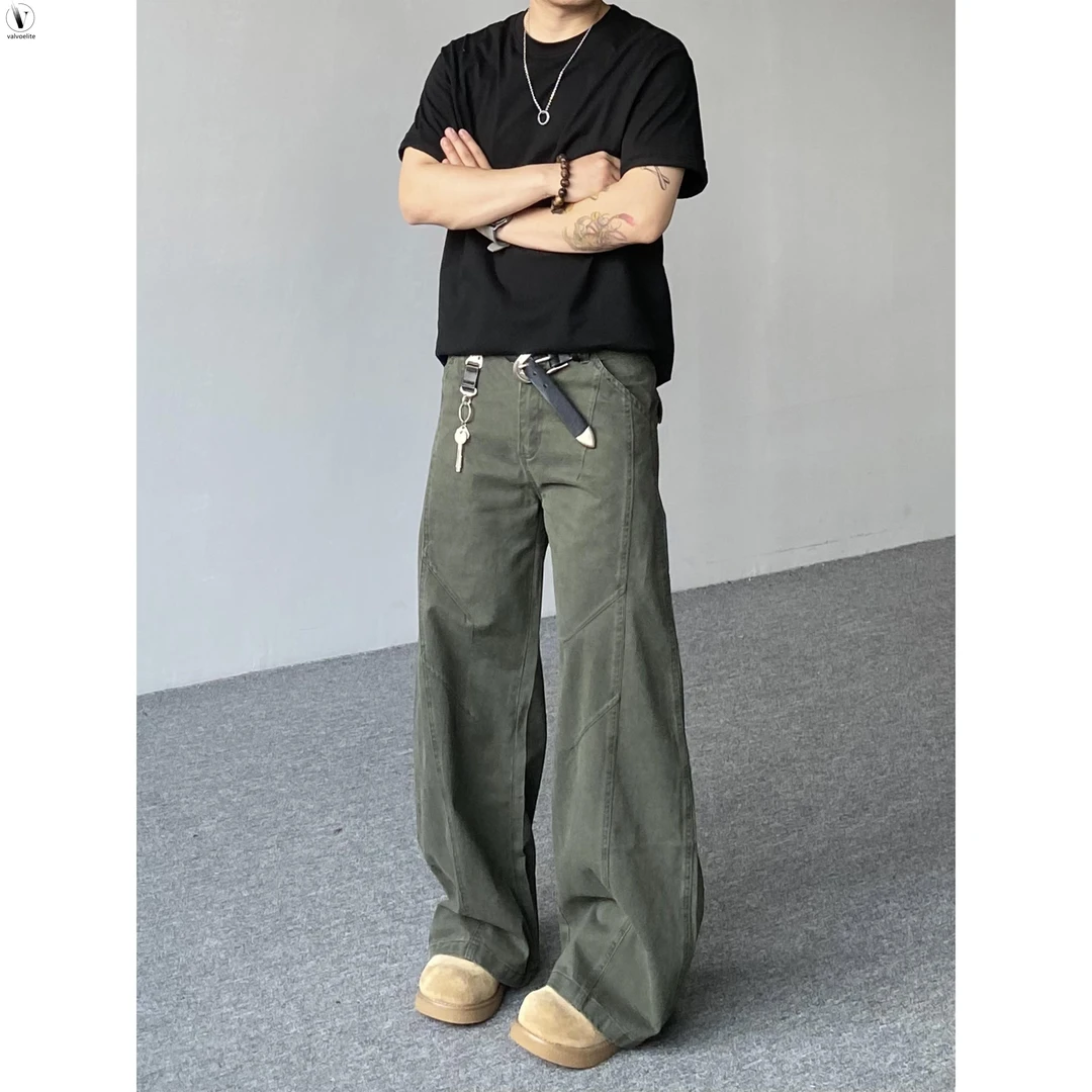 VALVOELITE美式氛围纯色解构弯刀休闲男女工装裤宽松阔腿褶皱裤新