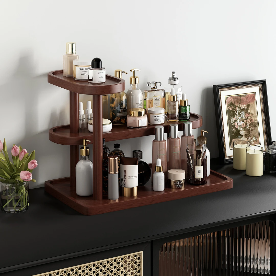 桌面复古化妆品收纳盒梳妆台实木小杂物口红置物架香水分层整理架