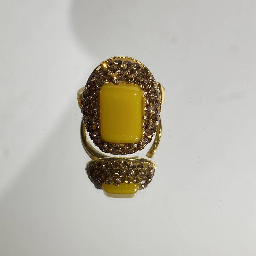 铜合金合成锆石戒指 TTSD 黄色方形镶嵌简约百搭款戒指 542