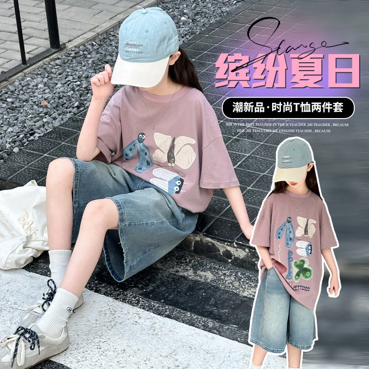 夏季牛仔短裤套装学生卡通体血衫宽松百搭时尚潮流女孩简约休闲时