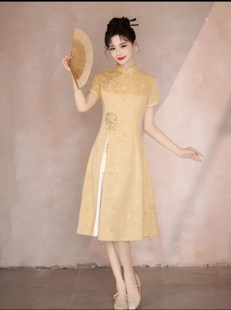 【晴空】小个子旗袍A版遮肉显瘦遮肚子日常中长黄色夏季凉快